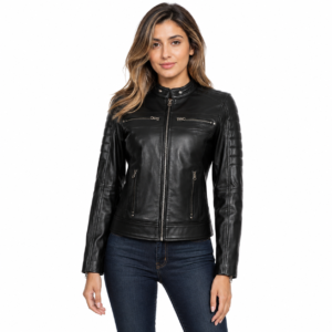 Women Leather Jacket Real Lambskin Black Biker Jacket, Stylish Cafe Racer Leather Jacket with Quilted Design & Zipper Pockets 3