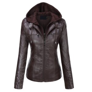 Women’s Faux PU Leather Jacket with Removable Hood – Slim Fit Moto Biker Jacket, Multiple Zip Pockets, Dark Coffee, Green, Brown & Black 3