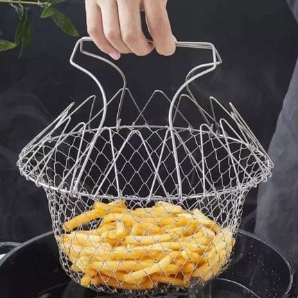 Deep Fry Basket - 304 Stainless Steel, Multi-Function Foldable Chef Cooking Basket - Flexible Kitchen Tool for Frying Food, Washing Fruits, and Vegetables