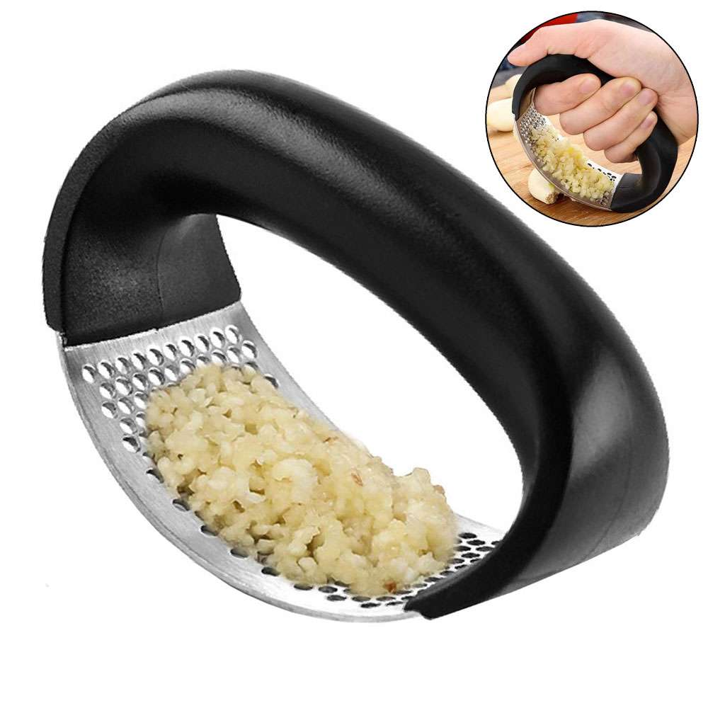 Garlic Press Rocker - Stainless Steel Garlic Mincer and Crusher, Innovative Garlic Chopper with Peeler and Scraper for Easy Garlic Crushing