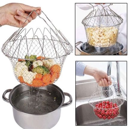 Deep Fry Basket - 304 Stainless Steel, Multi-Function Foldable Chef Cooking Basket - Flexible Kitchen Tool for Frying Food, Washing Fruits, and Vegetables