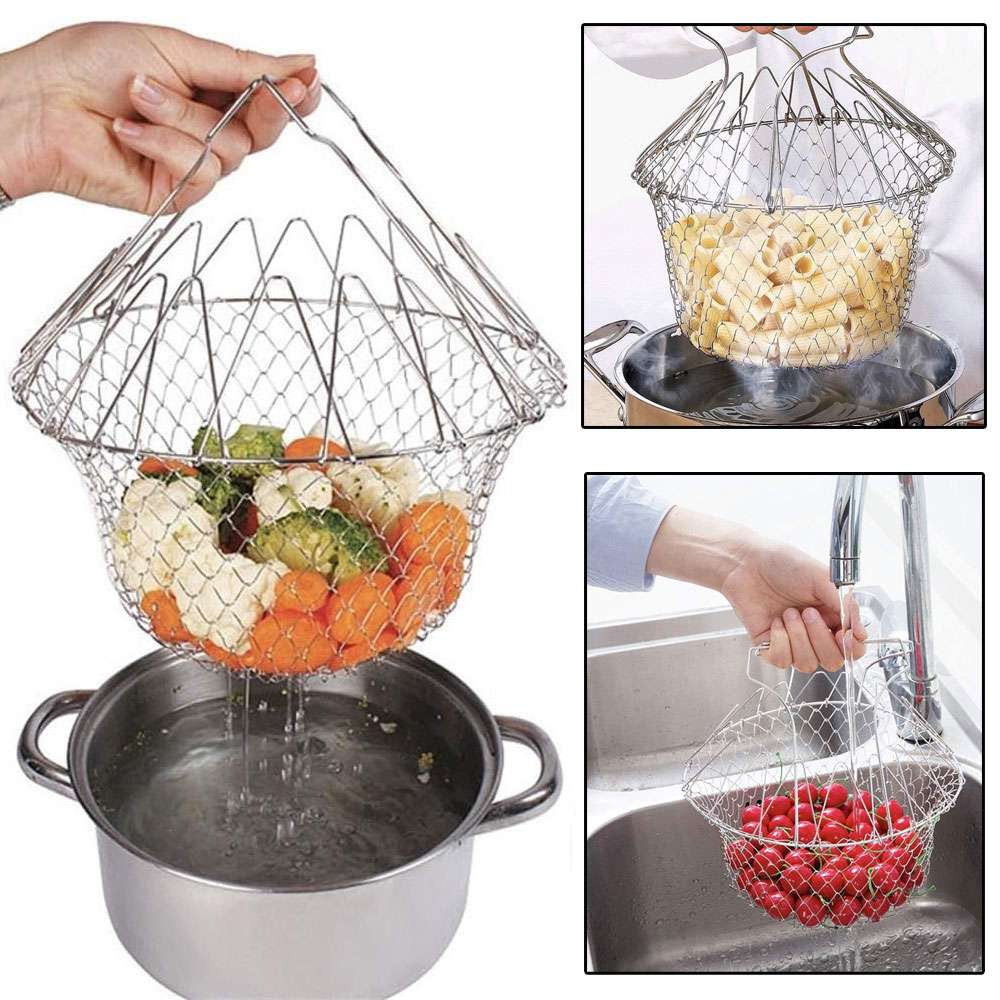 Deep Fry Basket - 304 Stainless Steel, Multi-Function Foldable Chef Cooking Basket - Flexible Kitchen Tool for Frying Food, Washing Fruits, and Vegetables