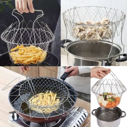 Deep Fry Basket - 304 Stainless Steel, Multi-Function Foldable Chef Cooking Basket - Flexible Kitchen Tool for Frying Food, Washing Fruits, and Vegetables