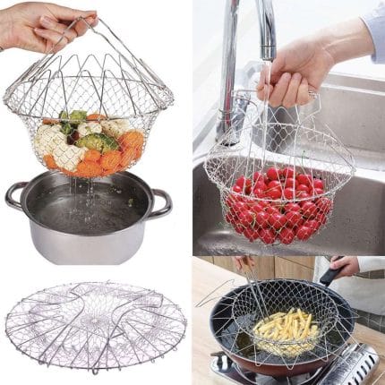 Deep Fry Basket - 304 Stainless Steel, Multi-Function Foldable Chef Cooking Basket - Flexible Kitchen Tool for Frying Food, Washing Fruits, and Vegetables
