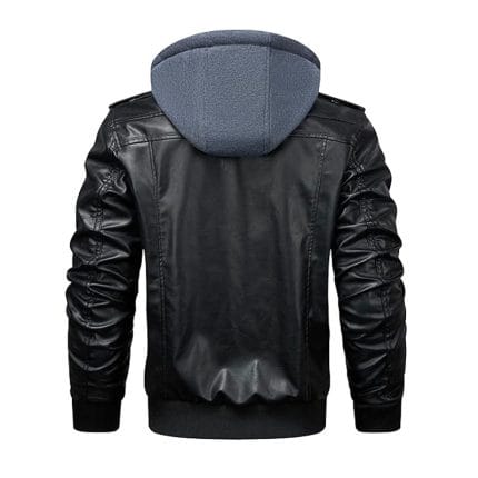 Men’s Black Leather Jacket with Removable Hood Zip-Up Biker Style, Casual Streetwear Outerwear with Multiple Pockets & Soft Lining - Image 5
