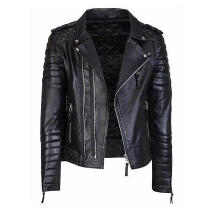 Men’s Black Sheepskin Leather Biker Jacket Diamond Quilted, Slim Fit Motorcycle Riding Coat with Zipper & Multiple Pockets - Image 3