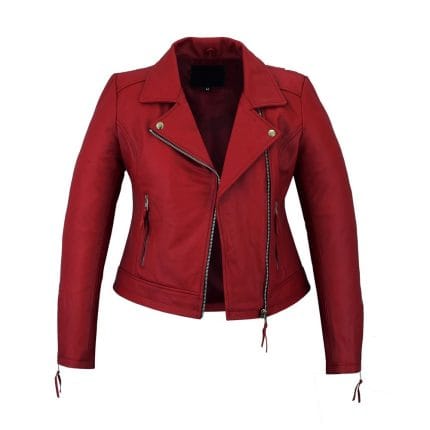 Women’s Red Sheepskin Leather Jacket Slim Fit Moto Biker Coat with YKK Zippers & Zippered Sleeves Casual & Motorcycle Riding Outerwear - Image 4