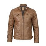 Men’s Brown Cafe Racer Leather Jacket 100% Real Lambskin Biker Motorcycle Jacket with Quilted Shoulders, Slim Fit, Multiple Zipper Pockets Vintage Distressed Style by Decrum