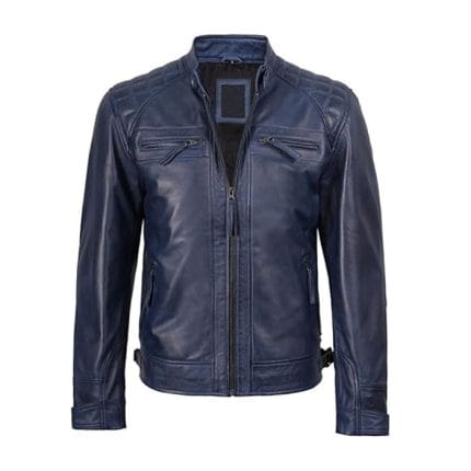 Men’s Navy Blue Cafe Racer Leather Jacket 100% Real Lambskin Motorcycle Biker Jacket with Quilted Shoulders, Slim Fit, YKK Zipper Pockets & Adjustable Waist Premium Riding & Casual Wear by Decrum - Image 3