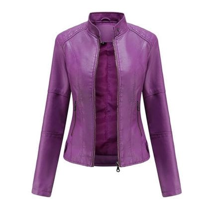 Women’s Purple Faux Leather Jacket Slim Fit Moto Biker Style Lightweight Outerwear for Women | Leather Jacket Women Fashion - Image 3