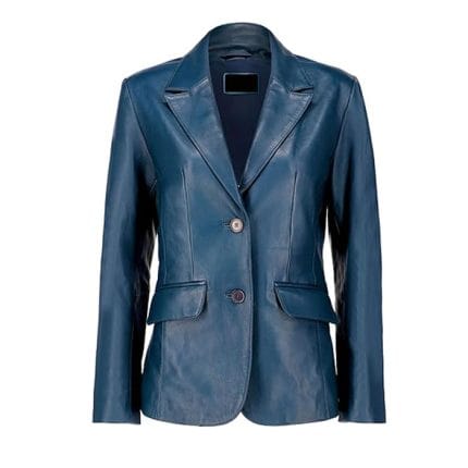 Women’s Navy Blue Lambskin Leather Blazer – Classic 2-Button Genuine Napa Leather Coat with Notched Lapel, Long Sleeves & Flap Pockets Casual, Business & Formal Wear Jacket - Image 5