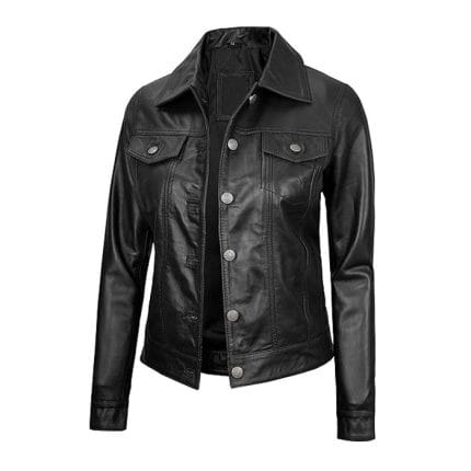 Women’s Black Real Lambskin Leather Jacket Stylish Trucker Coat with Button Closure, Multiple Pockets & Premium Quality Outerwear - Image 3
