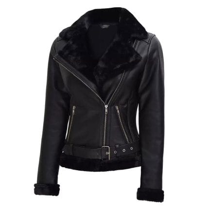 Women's Black Real Leather Jacket Fur Lined Biker Style Coat Slim Fit Winter Outerwear with Belt Stylish Moto Fashion - Image 2