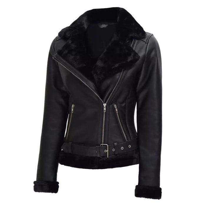 Women's Black Real Leather Jacket Fur Lined Biker Style Coat Slim Fit Winter Outerwear with Belt Stylish Moto Fashion - Image 2
