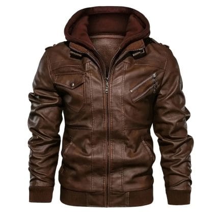 Men’s Retro PU Leather Bomber Jacket with Detachable Hood Zipper Closure, Ribbed Cuffs & Urban Casual Riding Style - Image 2