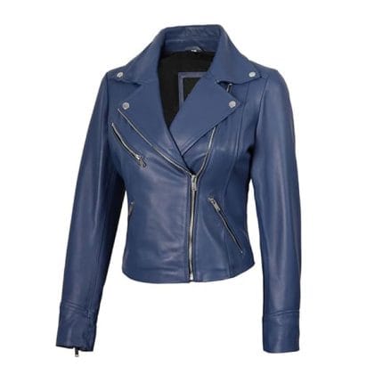 Women’s Blue Faux Leather Moto Biker Jacket Slim Fit Lightweight Motorcycle Style Outerwear with Asymmetrical Zipper, Stylish Pockets & Comfortable Inner Lining Perfect for Casual Wear, Parties & Travel - Image 4