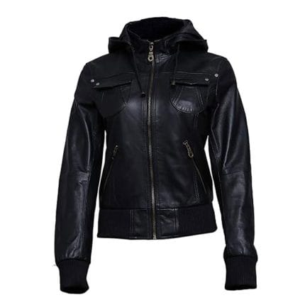 Women’s Genuine Lambskin Leather Hooded Motorcycle Jacket Black Bomber Style with Removable Hood, Ribbed Cuffs & Quilted Lining - Image 2