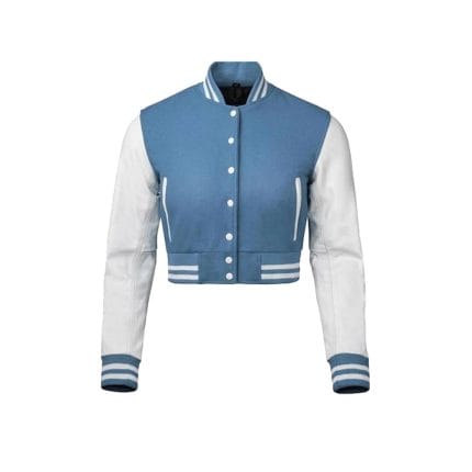 Women’s Cropped Varsity Jacket Blue Wool Body with White Faux Leather Sleeves | Trendy Baseball Bomber Style for Women - Image 2