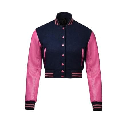 Women’s Cropped Varsity Jacket Dark Blue Wool Body with Pink Faux Leather Sleeves | Trendy Cropped Baseball Bomber Jacket with Pink Striped Details - Image 2