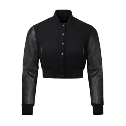 Women’s Cropped Varsity Jacket Black Wool Body with Black Faux Leather Sleeves | Stylish Cropped Baseball Bomber Jacket for Women - Image 2