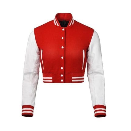 Women’s Cropped Varsity Jacket Red Wool Body with White Faux Leather Sleeves | Stylish Cropped Baseball Bomber Jacket for Women, Trendy Streetwear & Campus Fashion - Image 2