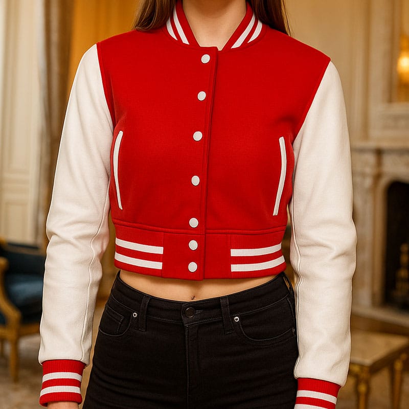 1 Women’s Cropped Varsity Jacket Red Wool Body with White Faux Leather Sleeves | Stylish Cropped Baseball Bomber Jacket for Women, Trendy Streetwear & Campus Fashion - Image 1