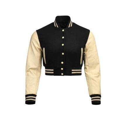 Women’s Cropped Varsity Jacket Black Wool Body with Brown Faux Leather Sleeves | Trendy Cropped Baseball Bomber Jacket for Women - Image 2