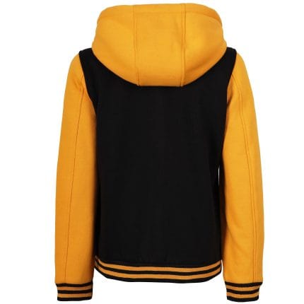 Women’s Hooded Varsity Jacket Black Body with Orange Sleeves | Classic Letterman High School Baseball Bomber Hoodie for Women, Fleece Outer & Soft Lining - Image 4