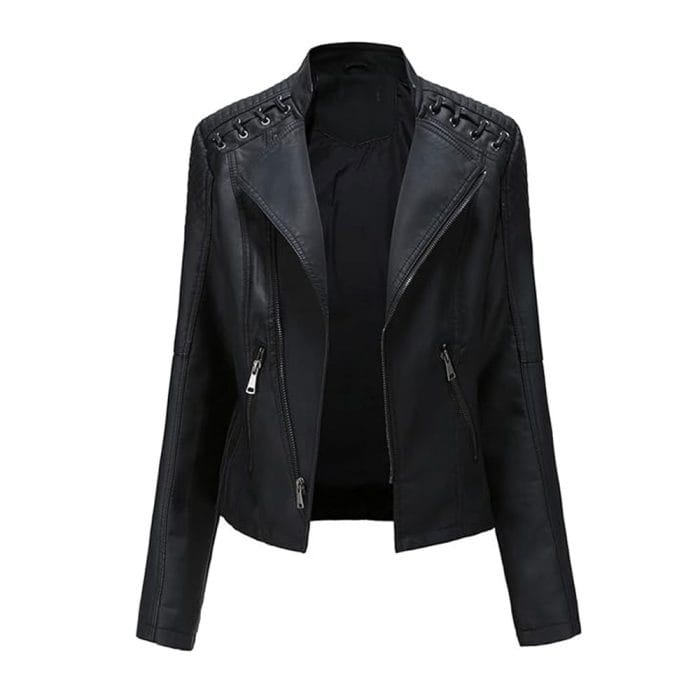 Women’s Leather Biker Jacket Moto Style Short Coat with Zip Pockets Casual Slim Fit Motorcycle Outerwear for Fashion & Riding - Image 3