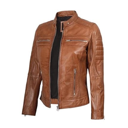Women Brown Faux Leather Jacket PU Slim Fit Cafe Racer Biker Jacket with Quilted Shoulders & Zipper Pockets - Image 2