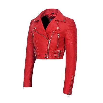 Women’s Red Cropped Faux Leather Biker Jacket – Moto Style Short Coat with Zipper Closure, Buckle Straps & Side Pockets – Stylish Casual & Party Wear Outerwear - Image 3