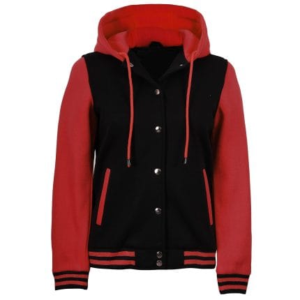 Women’s Hooded Varsity Jacket Black Body with Red Sleeves | Classic Letterman High School Baseball Bomber Hoodie for Women, Fleece Outer & Soft Polyester Lining - Image 3