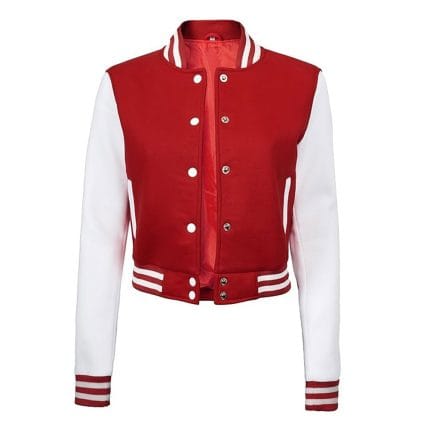 Red & White Cropped Varsity Jacket Women Trendy Baseball Letterman Bomber Jacket with Fleece & Polyester Lining - Image 2