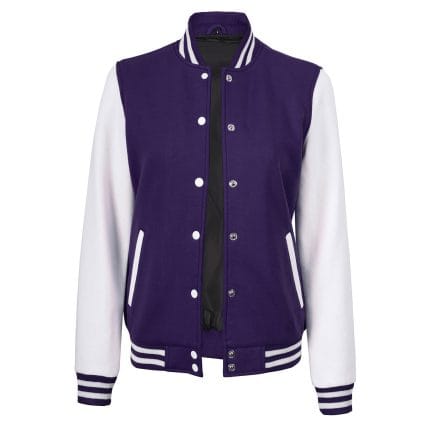 Women’s Purple and White Varsity Jacket Classic Letterman Bomber Baseball Jacket for Women | Lightweight High School & College Outerwear - Image 3
