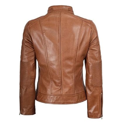 Women Brown Faux Leather Jacket PU Slim Fit Cafe Racer Biker Jacket with Quilted Shoulders & Zipper Pockets - Image 4