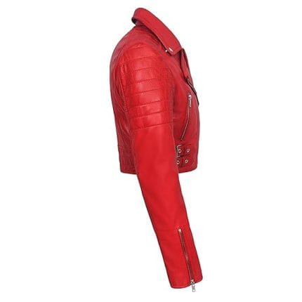 Women’s Red Cropped Faux Leather Biker Jacket – Moto Style Short Coat with Zipper Closure, Buckle Straps & Side Pockets – Stylish Casual & Party Wear Outerwear - Image 4