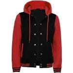 Women’s Hooded Varsity Jacket Black Body with Red Sleeves | Classic Letterman High School Baseball Bomber Hoodie for Women, Fleece Outer & Soft Polyester Lining