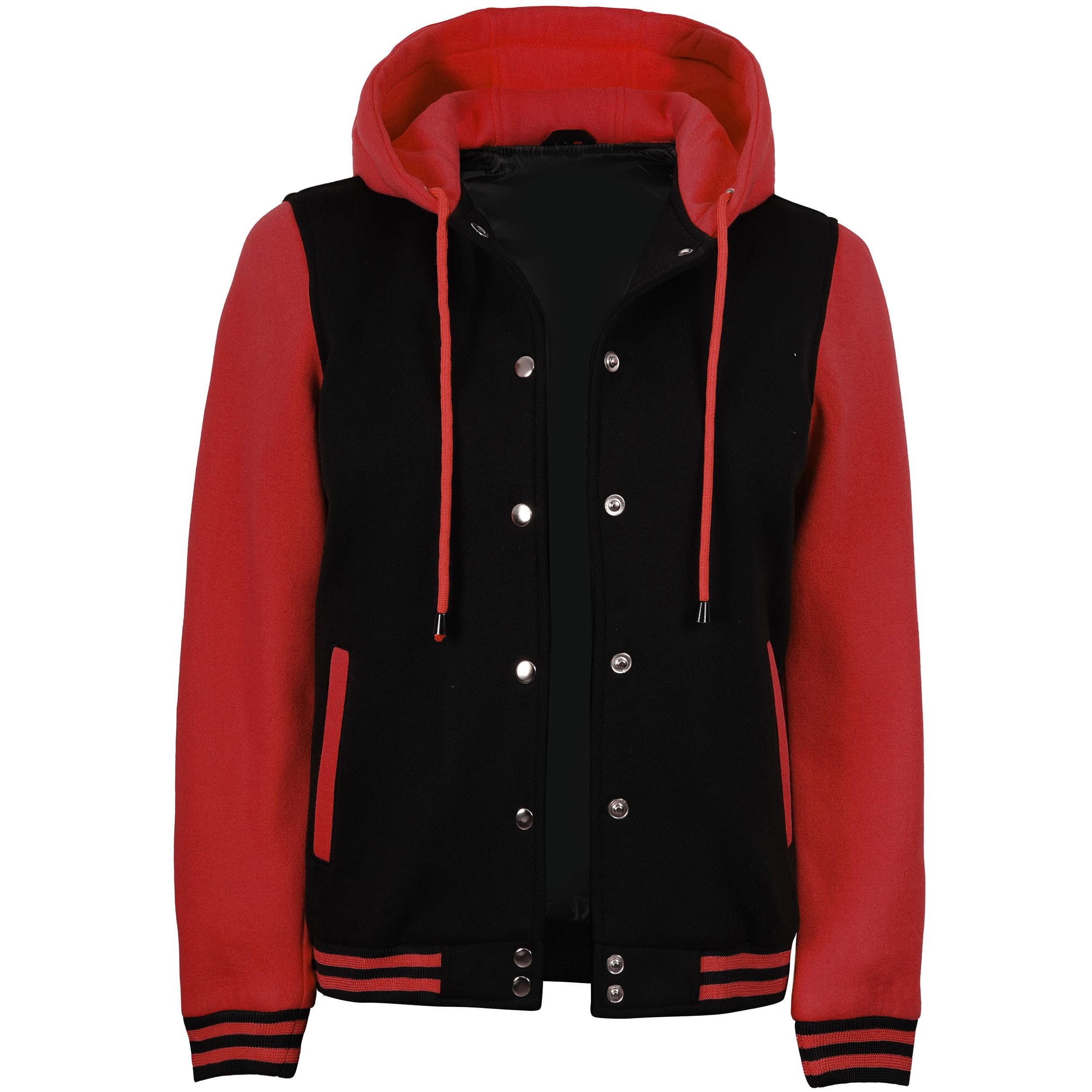 11 Women’s Hooded Varsity Jacket Black Body with Red Sleeves | Classic Letterman High School Baseball Bomber Hoodie for Women, Fleece Outer & Soft Polyester Lining - Image 1