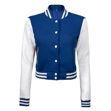 Blue & White Cropped Varsity Jacket Women Trendy Baseball Letterman Bomber Style with Fleece & Polyester Lining - Image 2