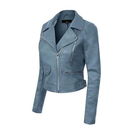 Women’s Blue Stone Faux Leather Biker Jacket – Slim Fit Moto Style with Zipper Pockets & Stylish Outerwear for All Seasons - Image 3