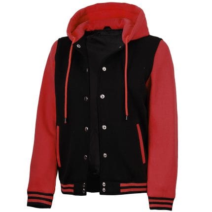Women’s Hooded Varsity Jacket Black Body with Red Sleeves | Classic Letterman High School Baseball Bomber Hoodie for Women, Fleece Outer & Soft Polyester Lining - Image 2