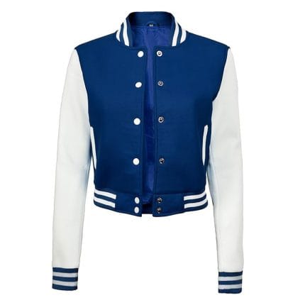 Blue & White Cropped Varsity Jacket Women Trendy Baseball Letterman Bomber Style with Fleece & Polyester Lining - Image 3