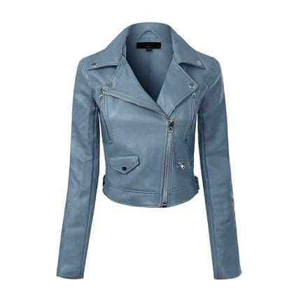 Women’s Blue Stone Faux Leather Biker Jacket – Slim Fit Moto Style with Zipper Pockets & Stylish Outerwear for All Seasons - Image 2