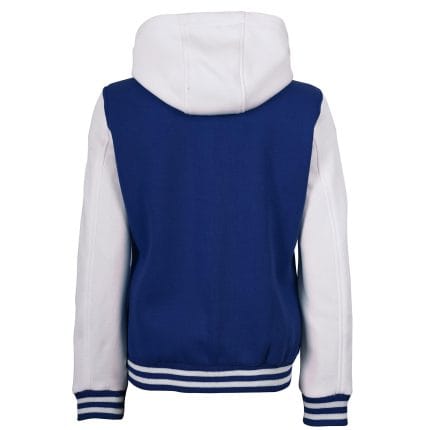 Women’s Hooded Varsity Jacket Blue Body with White Sleeves | Classic Letterman High School Baseball Bomber Hoodie for Women, Fleece Outer & Soft Polyester Lining - Image 4