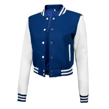 Blue & White Cropped Varsity Jacket Women Trendy Baseball Letterman Bomber Style with Fleece & Polyester Lining - Image 4
