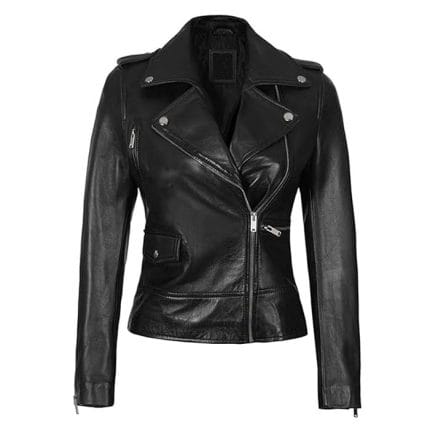 Women’s Black Faux Leather Moto Jacket Asymmetrical Slim Biker Style with Zipper Pockets & Comfortable Lining - Image 2
