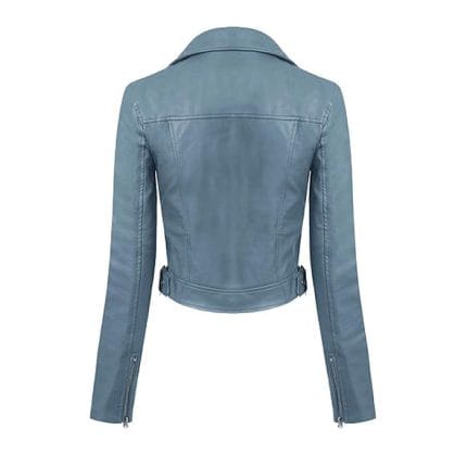 Women’s Blue Stone Faux Leather Biker Jacket – Slim Fit Moto Style with Zipper Pockets & Stylish Outerwear for All Seasons - Image 4