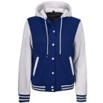 Women’s Hooded Varsity Jacket Blue Body with White Sleeves | Classic Letterman High School Baseball Bomber Hoodie for Women, Fleece Outer & Soft Polyester Lining