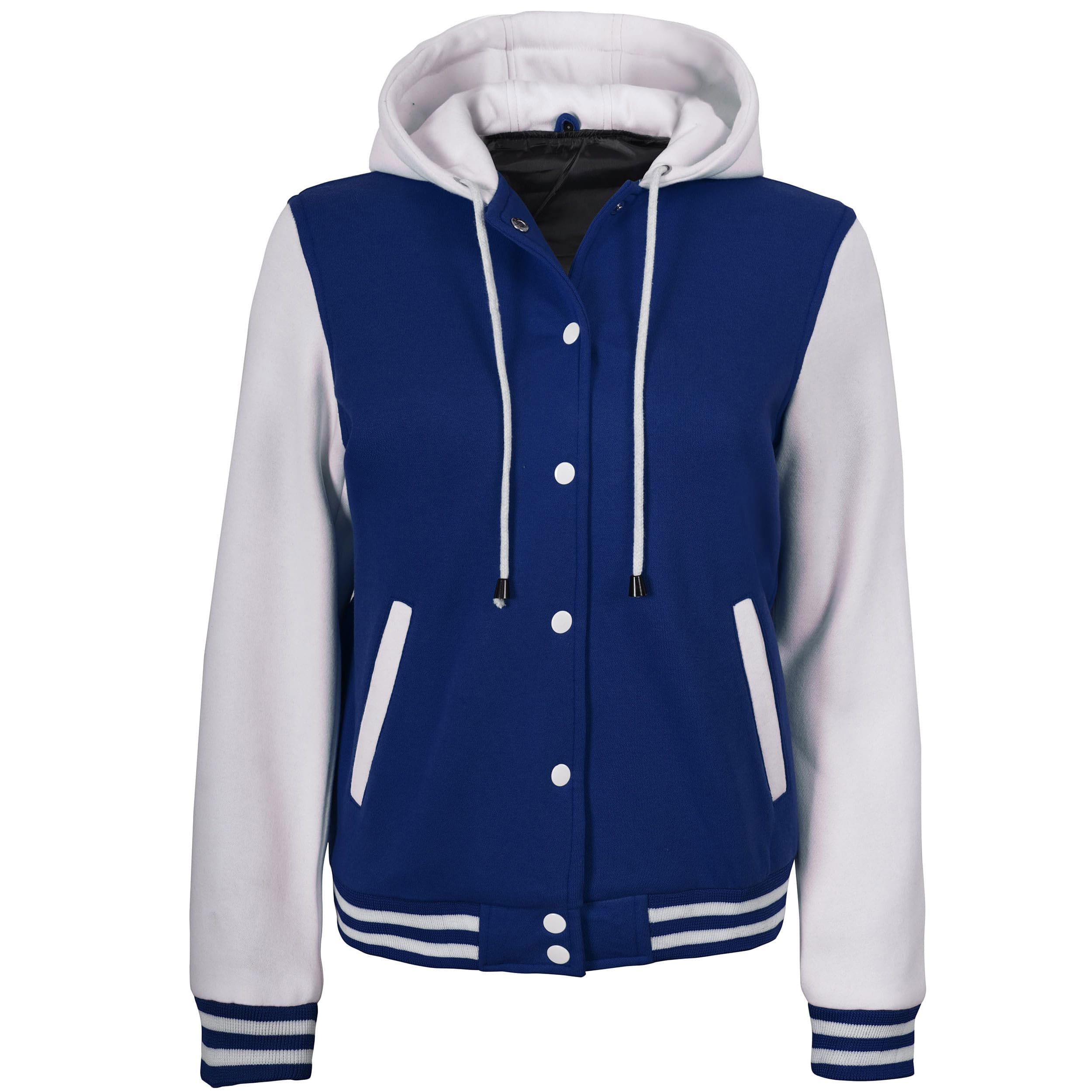 14 Women’s Hooded Varsity Jacket Blue Body with White Sleeves | Classic Letterman High School Baseball Bomber Hoodie for Women, Fleece Outer & Soft Polyester Lining - Image 1