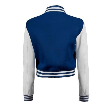 Blue & White Cropped Varsity Jacket Women Trendy Baseball Letterman Bomber Style with Fleece & Polyester Lining - Image 5
